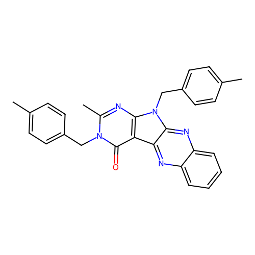 2-methyl-3,11-bis(4-methylbenzyl)-3,11-dihydro-4H-pyrimido[5',4':4,5]pyrrolo[2,3-b]quinoxalin-4-one structure