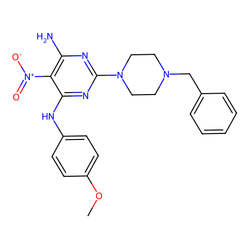 2-(4-benzylpiperazin-1-yl)-N4-(4-methoxyphenyl)-5-nitropyrimidine-4,6-diamine structure