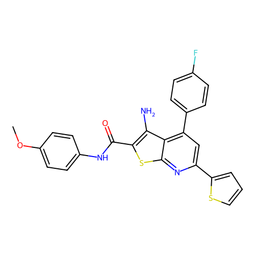 3-amino-4-(4-fluorophenyl)-N-(4-methoxyphenyl)-6-(thiophen-2-yl)thieno[2,3-b]pyridine-2-carboxamide structure