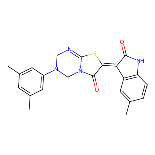 (7Z)-3-(3,5-dimethylphenyl)-7-(5-methyl-2-oxo-1,2-dihydro-3H-indol-3-ylidene)-3,4-dihydro-2H-[1,3]thiazolo[3,2-a][1,3,5]triazin-6(7H)-one structure