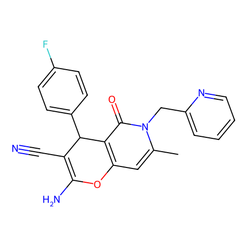 2-amino-4-(4-fluorophenyl)-7-methyl-5-oxo-6-(pyridin-2-ylmethyl)-5,6-dihydro-4H-pyrano[3,2-c]pyridine-3-carbonitrile structure