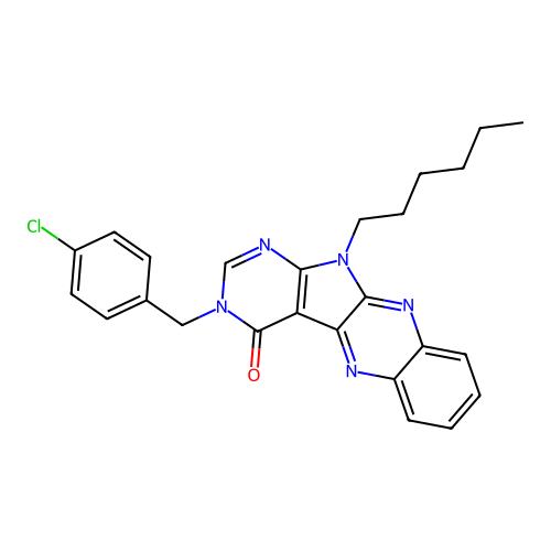 3-(4-chlorobenzyl)-11-hexyl-3H-pyrimido[5',4':4,5]pyrrolo[2,3-b]quinoxalin-4(11H)-one structure