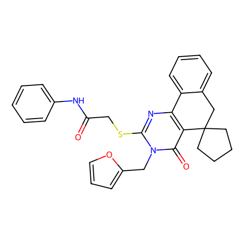 2-((3-(furan-2-ylmethyl)-4-oxo-4,6-dihydro-3H-spiro[benzo[h]quinazoline-5,1'-cyclopentan]-2-yl)thio)-N-phenylacetamide structure