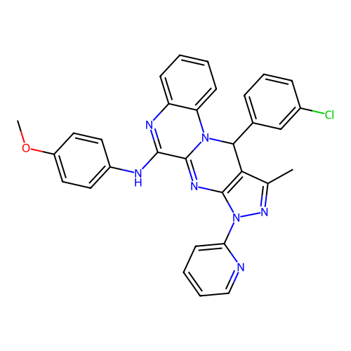 11-(3-chlorophenyl)-N-(4-methoxyphenyl)-10-methyl-8-(pyridin-2-yl)-8,11-dihydropyrazolo[3',4':4,5]pyrimido[1,2-a]quinoxalin-6-amine structure