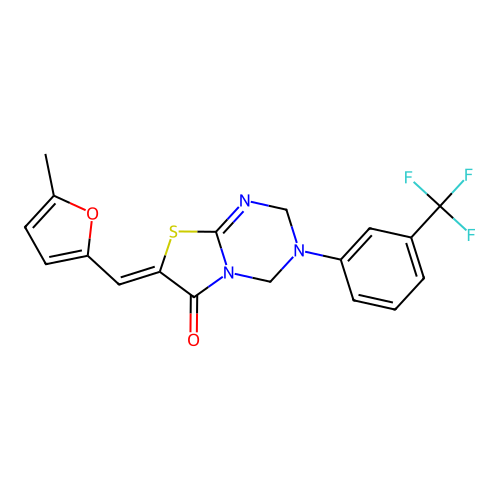 (Z)-7-((5-methylfuran-2-yl)methylene)-3-(3-(trifluoromethyl)phenyl)-3,4-dihydro-2H-thiazolo[3,2-a][1,3,5]triazin-6(7H)-one structure