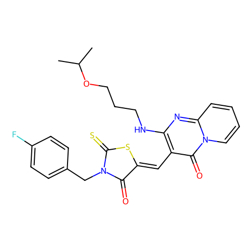 3-{(Z)-[3-(4-fluorobenzyl)-4-oxo-2-thioxo-1,3-thiazolidin-5-ylidene]methyl}-2-{[3-(propan-2-yloxy)propyl]amino}-4H-pyrido[1,2-a]pyrimidin-4-one structure