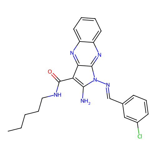 (E)-2-amino-1-((3-chlorobenzylidene)amino)-N-pentyl-1H-pyrrolo[2,3-b]quinoxaline-3-carboxamide structure