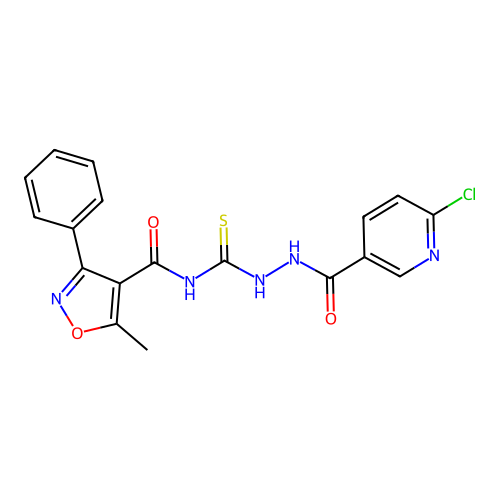 N-(2-(6-chloronicotinoyl)hydrazinecarbonothioyl)-5-methyl-3-phenylisoxazole-4-carboxamide structure
