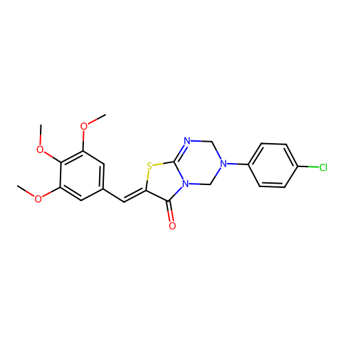 (Z)-3-(4-chlorophenyl)-7-(3,4,5-trimethoxybenzylidene)-3,4-dihydro-2H-thiazolo[3,2-a][1,3,5]triazin-6(7H)-one structure
