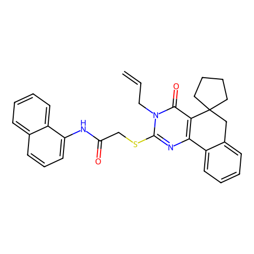 2-((3-allyl-4-oxo-4,6-dihydro-3H-spiro[benzo[h]quinazoline-5,1'-cyclopentan]-2-yl)thio)-N-(naphthalen-1-yl)acetamide structure