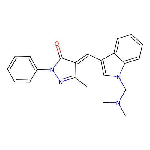 (4E)-4-[[1-(dimethylaminomethyl)indol-3-yl]methylidene]-5-methyl-2-phenylpyrazol-3-one structure