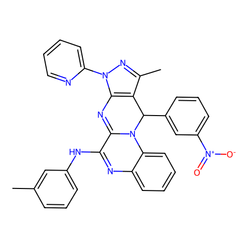 10-methyl-11-(3-nitrophenyl)-8-(pyridin-2-yl)-N-(m-tolyl)-8,11-dihydropyrazolo[3',4':4,5]pyrimido[1,2-a]quinoxalin-6-amine structure