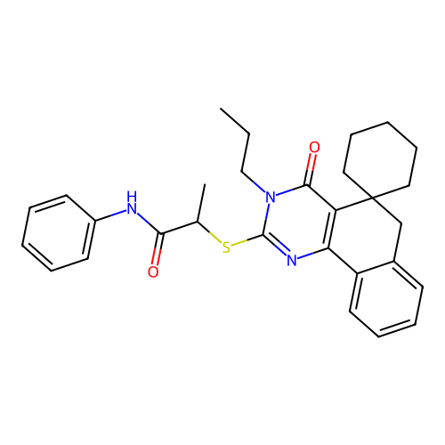 2-((4-oxo-3-propyl-4,6-dihydro-3H-spiro[benzo[h]quinazoline-5,1'-cyclohexan]-2-yl)thio)-N-phenylpropanamide structure