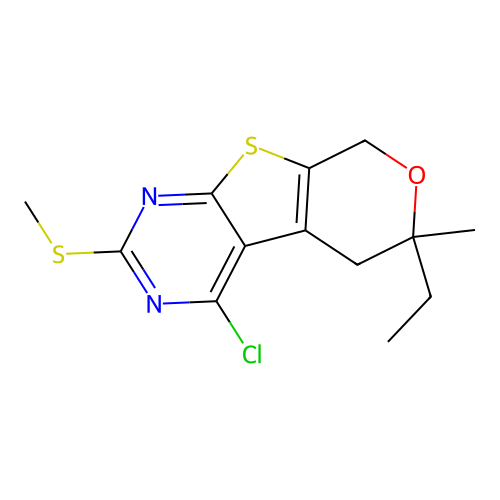 4-chloro-6-ethyl-6-methyl-2-(methylsulfanyl)-5,8-dihydro-6H-pyrano[4',3':4,5]thieno[2,3-d]pyrimidine structure