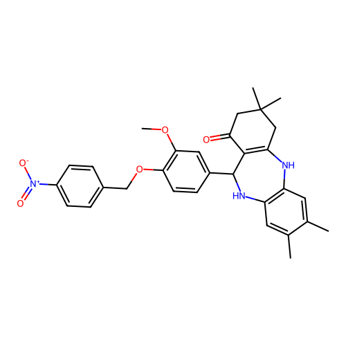 11-(3-methoxy-4-((4-nitrobenzyl)oxy)phenyl)-3,3,7,8-tetramethyl-2,3,4,5,10,11-hexahydro-1H-dibenzo[b,e][1,4]diazepin-1-one structure