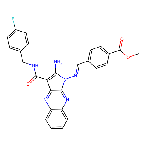 (E)-methyl 4-(((2-amino-3-((4-fluorobenzyl)carbamoyl)-1H-pyrrolo[2,3-b]quinoxalin-1-yl)imino)methyl)benzoate structure