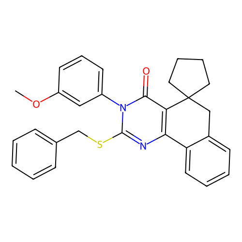 2-(benzylthio)-3-(3-methoxyphenyl)-3H-spiro[benzo[h]quinazoline-5,1'-cyclopentan]-4(6H)-one structure