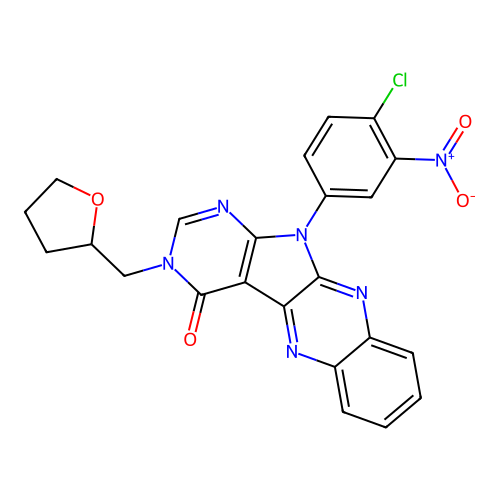 11-(4-chloro-3-nitrophenyl)-3-((tetrahydrofuran-2-yl)methyl)-3H-pyrimido[5',4':4,5]pyrrolo[2,3-b]quinoxalin-4(11H)-one structure