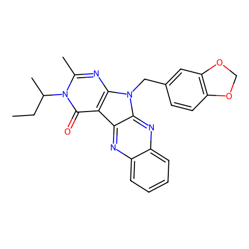 11-(benzo[d][1,3]dioxol-5-ylmethyl)-3-(sec-butyl)-2-methyl-3H-pyrimido[5',4':4,5]pyrrolo[2,3-b]quinoxalin-4(11H)-one structure