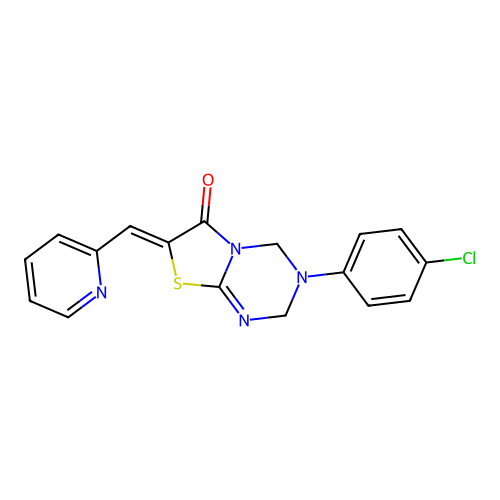(7Z)-3-(4-chlorophenyl)-7-(pyridin-2-ylmethylidene)-2,4-dihydro-[1,3]thiazolo[3,2-a][1,3,5]triazin-6-one structure