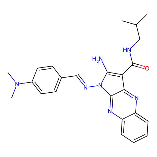(E)-2-amino-1-((4-(dimethylamino)benzylidene)amino)-N-isobutyl-1H-pyrrolo[2,3-b]quinoxaline-3-carboxamide structure