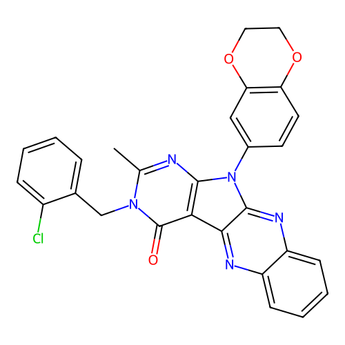 3-(2-chlorobenzyl)-11-(2,3-dihydrobenzo[b][1,4]dioxin-6-yl)-2-methyl-3H-pyrimido[5',4':4,5]pyrrolo[2,3-b]quinoxalin-4(11H)-one structure