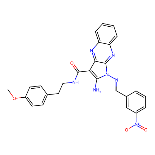 (E)-2-amino-N-(4-methoxyphenethyl)-1-((3-nitrobenzylidene)amino)-1H-pyrrolo[2,3-b]quinoxaline-3-carboxamide structure