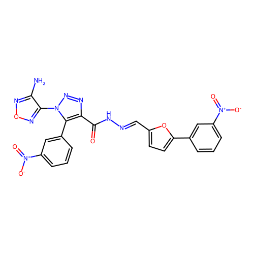 (E)-1-(4-amino-1,2,5-oxadiazol-3-yl)-5-(3-nitrophenyl)-N'-((5-(3-nitrophenyl)furan-2-yl)methylene)-1H-1,2,3-triazole-4-carbohydrazide structure
