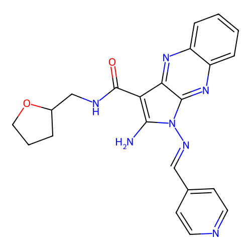 (E)-2-amino-1-((pyridin-4-ylmethylene)amino)-N-((tetrahydrofuran-2-yl)methyl)-1H-pyrrolo[2,3-b]quinoxaline-3-carboxamide structure