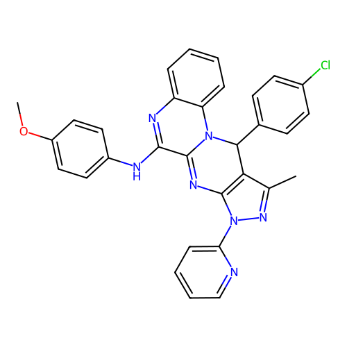 11-(4-chlorophenyl)-N-(4-methoxyphenyl)-10-methyl-8-(pyridin-2-yl)-8,11-dihydropyrazolo[3',4':4,5]pyrimido[1,2-a]quinoxalin-6-amine structure