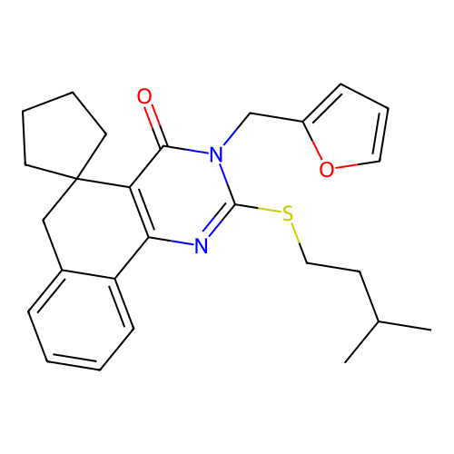 3-(furan-2-ylmethyl)-2-(isopentylthio)-3H-spiro[benzo[h]quinazoline-5,1'-cyclopentan]-4(6H)-one structure