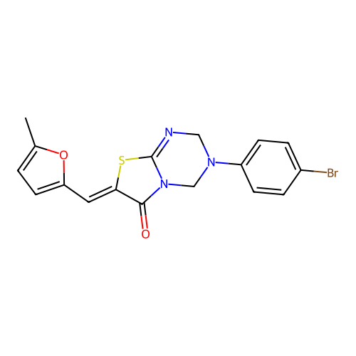 (Z)-3-(4-bromophenyl)-7-((5-methylfuran-2-yl)methylene)-3,4-dihydro-2H-thiazolo[3,2-a][1,3,5]triazin-6(7H)-one structure