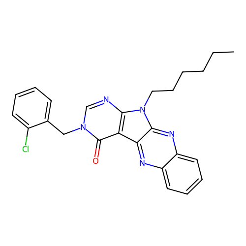 3-(2-chlorobenzyl)-11-hexyl-3H-pyrimido[5',4':4,5]pyrrolo[2,3-b]quinoxalin-4(11H)-one structure