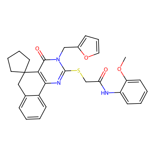 2-((3-(furan-2-ylmethyl)-4-oxo-4,6-dihydro-3H-spiro[benzo[h]quinazoline-5,1'-cyclopentan]-2-yl)thio)-N-(2-methoxyphenyl)acetamide structure