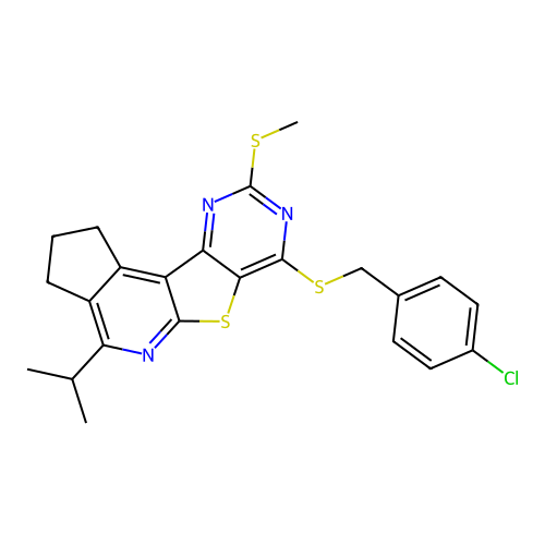 7-((4-chlorobenzyl)thio)-4-isopropyl-9-(methylthio)-2,3-dihydro-1H-cyclopenta[4',5']pyrido[3',2':4,5]thieno[3,2-d]pyrimidine structure