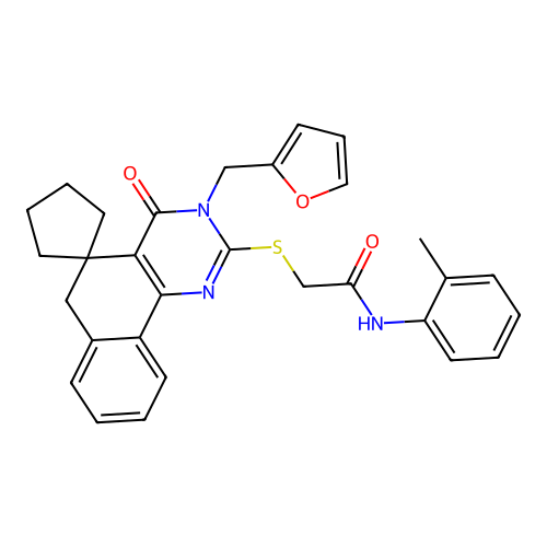 2-((3-(furan-2-ylmethyl)-4-oxo-4,6-dihydro-3H-spiro[benzo[h]quinazoline-5,1'-cyclopentan]-2-yl)thio)-N-(o-tolyl)acetamide structure