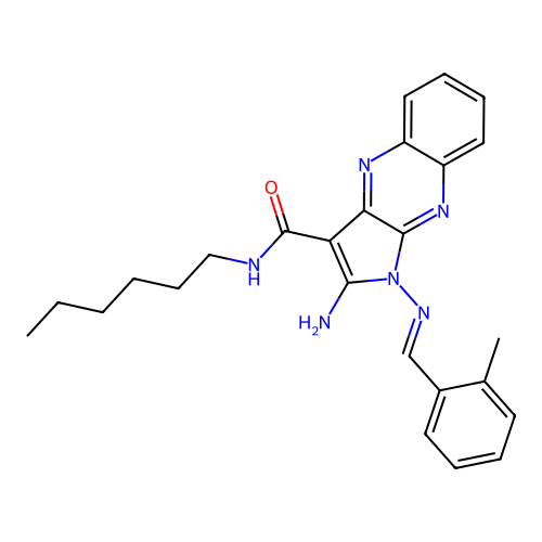 (E)-2-amino-N-hexyl-1-((2-methylbenzylidene)amino)-1H-pyrrolo[2,3-b]quinoxaline-3-carboxamide structure