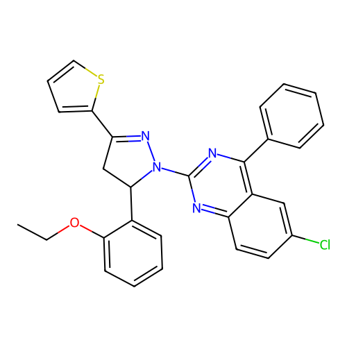 6-chloro-2-(5-(2-ethoxyphenyl)-3-(thiophen-2-yl)-4,5-dihydro-1H-pyrazol-1-yl)-4-phenylquinazoline structure