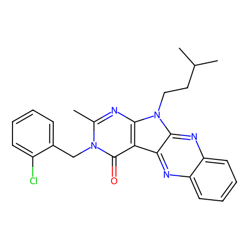 3-(2-chlorobenzyl)-11-isopentyl-2-methyl-3H-pyrimido[5',4':4,5]pyrrolo[2,3-b]quinoxalin-4(11H)-one structure