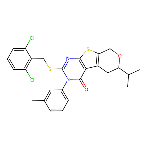 2-((2,6-dichlorobenzyl)thio)-6-isopropyl-3-(m-tolyl)-5,6-dihydro-3H-pyrano[4',3':4,5]thieno[2,3-d]pyrimidin-4(8H)-one structure