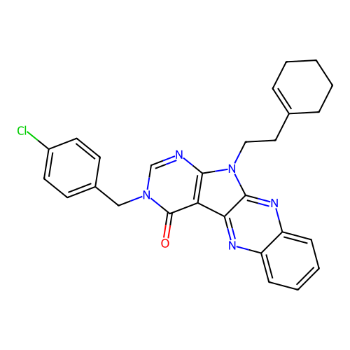 3-(4-chlorobenzyl)-11-(2-(cyclohex-1-en-1-yl)ethyl)-3H-pyrimido[5',4':4,5]pyrrolo[2,3-b]quinoxalin-4(11H)-one structure
