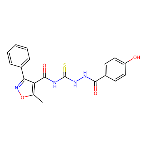 N-(2-(4-hydroxybenzoyl)hydrazinecarbonothioyl)-5-methyl-3-phenylisoxazole-4-carboxamide structure