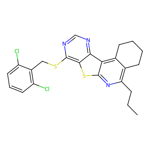 8-((2,6-dichlorobenzyl)thio)-5-propyl-1,2,3,4-tetrahydropyrimido[4',5':4,5]thieno[2,3-c]isoquinoline structure