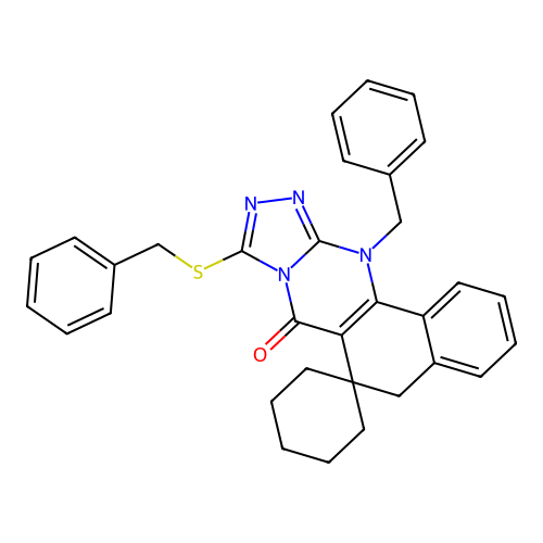 12-benzyl-9-(benzylthio)-5H-spiro[benzo[h][1,2,4]triazolo[3,4-b]quinazoline-6,1'-cyclohexan]-7(12H)-one structure
