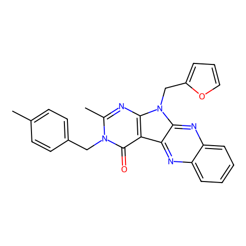 11-(furan-2-ylmethyl)-2-methyl-3-(4-methylbenzyl)-3,11-dihydro-4H-pyrimido[5',4':4,5]pyrrolo[2,3-b]quinoxalin-4-one structure