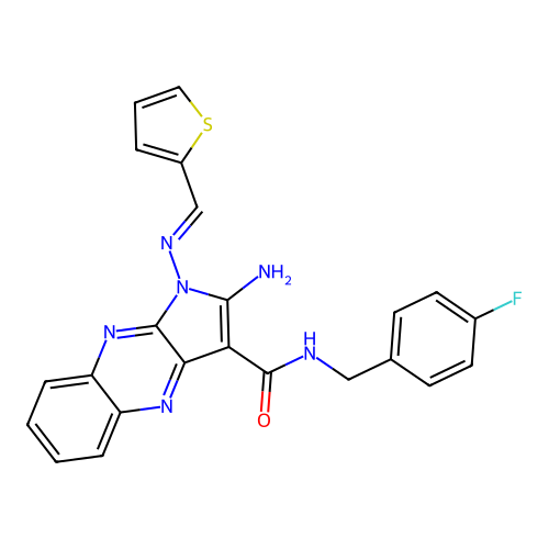 2-amino-N-[(4-fluorophenyl)methyl]-1-[(E)-[(thiophen-2-yl)methylidene]amino]-1H-pyrrolo[2,3-b]quinoxaline-3-carboxamide structure