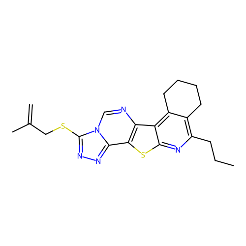 3-((2-methylallyl)thio)-11-propyl-7,8,9,10-tetrahydro-[1,2,4]triazolo[4'',3'':1',6']pyrimido[4',5':4,5]thieno[2,3-c]isoquinoline structure