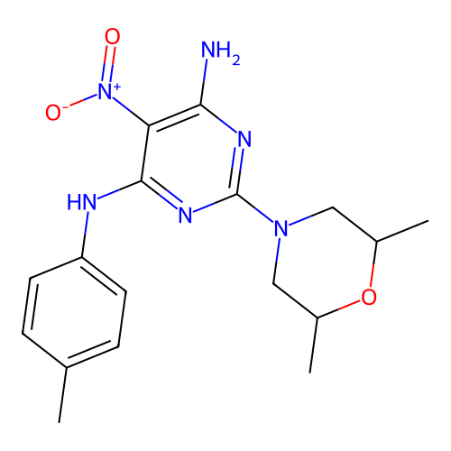 2-(2,6-dimethylmorpholin-4-yl)-N-(4-methylphenyl)-5-nitropyrimidine-4,6-diamine structure