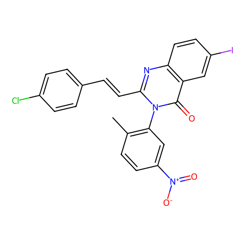 (E)-2-(4-chlorostyryl)-6-iodo-3-(2-methyl-5-nitrophenyl)quinazolin-4(3H)-one structure