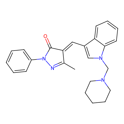 (4E)-5-methyl-2-phenyl-4-[[1-(piperidin-1-ylmethyl)indol-3-yl]methylidene]pyrazol-3-one structure